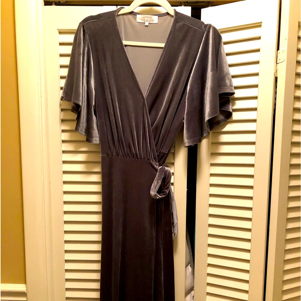 Velvet wrap gown with snap at bust/belted at waist long drape and silhouette